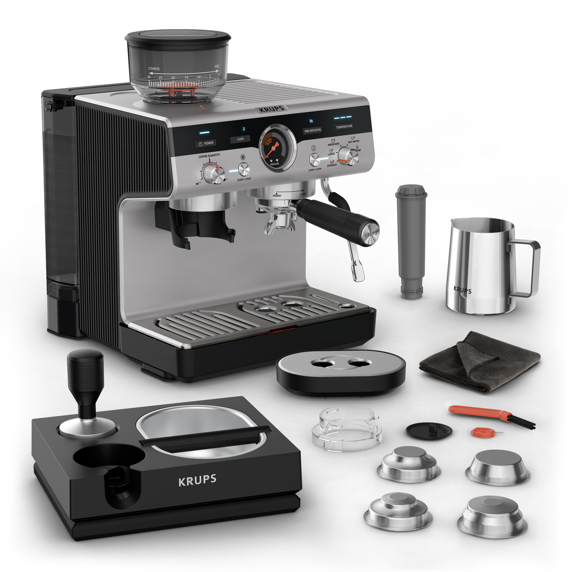 Precision+, Espresso Siebträgermaschine mit Mahlwerk, Perfekte Kaffeespezialitäten, inkl. Barista Tamping Station