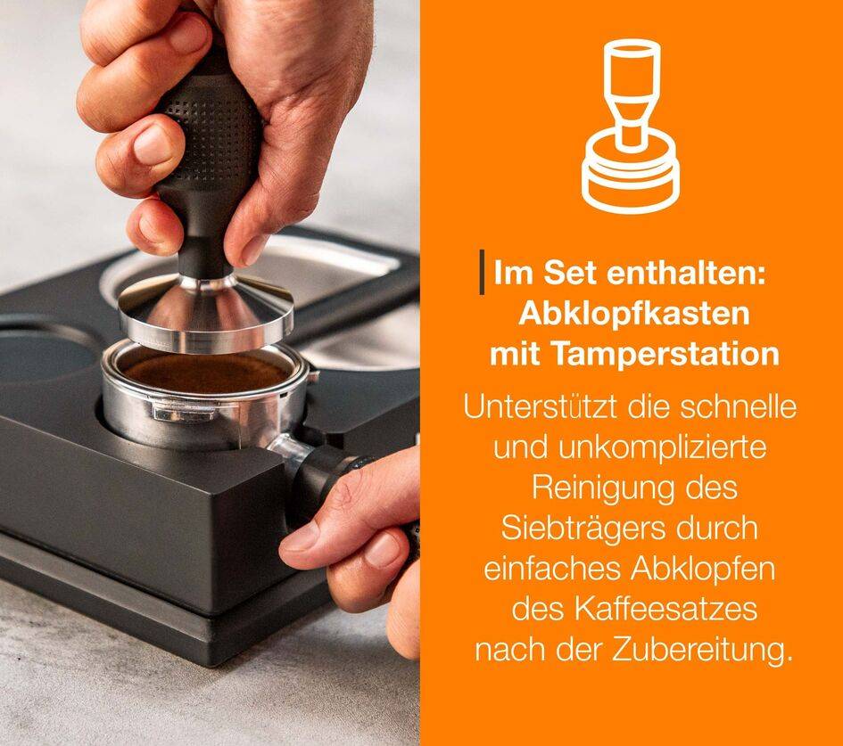 Precision+ Siebträgermaschine mit Mahlwerk und Tamping Station, Modell XP804T