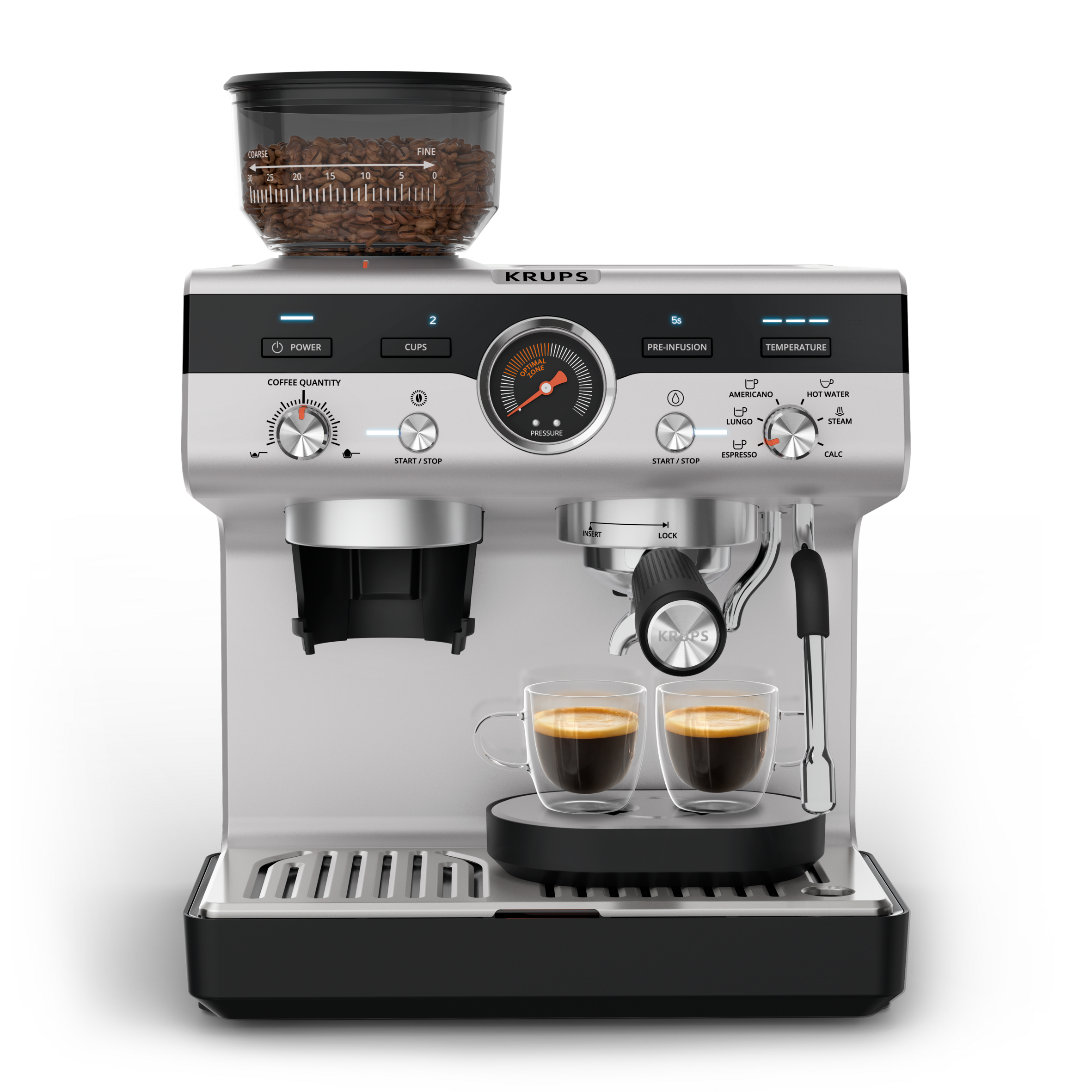 Precision+ Siebträgermaschine mit Mahlwerk und Tamping Station, Modell XP804T